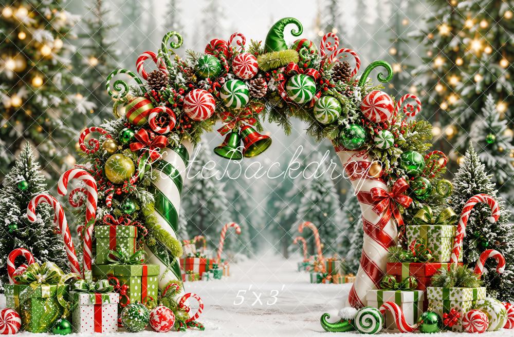 Kate Christmas Green Fantasy Candy Arch Forest Presents Snowy Printed Backdrop Designed by Emetselch