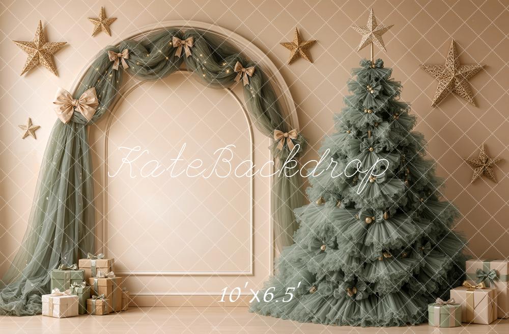 Kate Christmas Green Tulle Tree Arch Drapes Stars Gifts Printed Backdrop Designed by Shutter Swan Studios