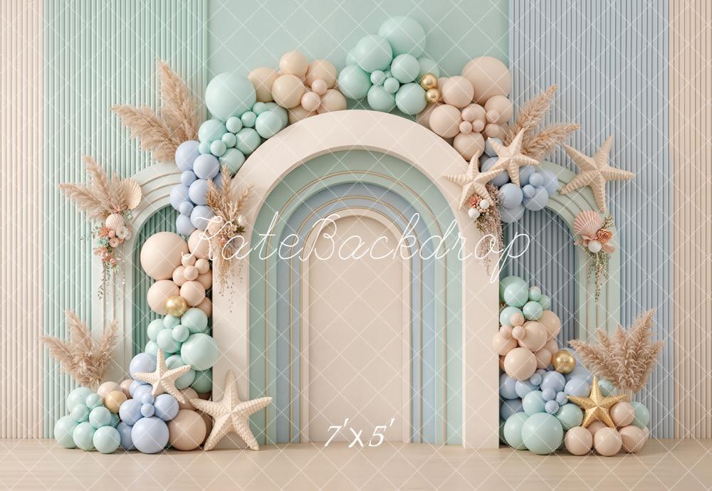 Kate Summer Cake Smash Arch Balloons Starfish Pampas Grass Pastel Printed Backdrop Designed by Emetselch