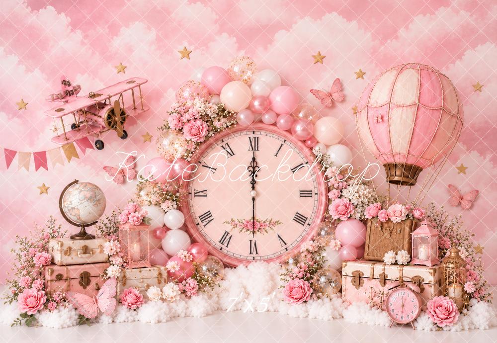 Kate Cake Smash Pink Vintage Clock Floral Hot Air Balloon Travel Printed Backdrop Designed by Ashley Paul