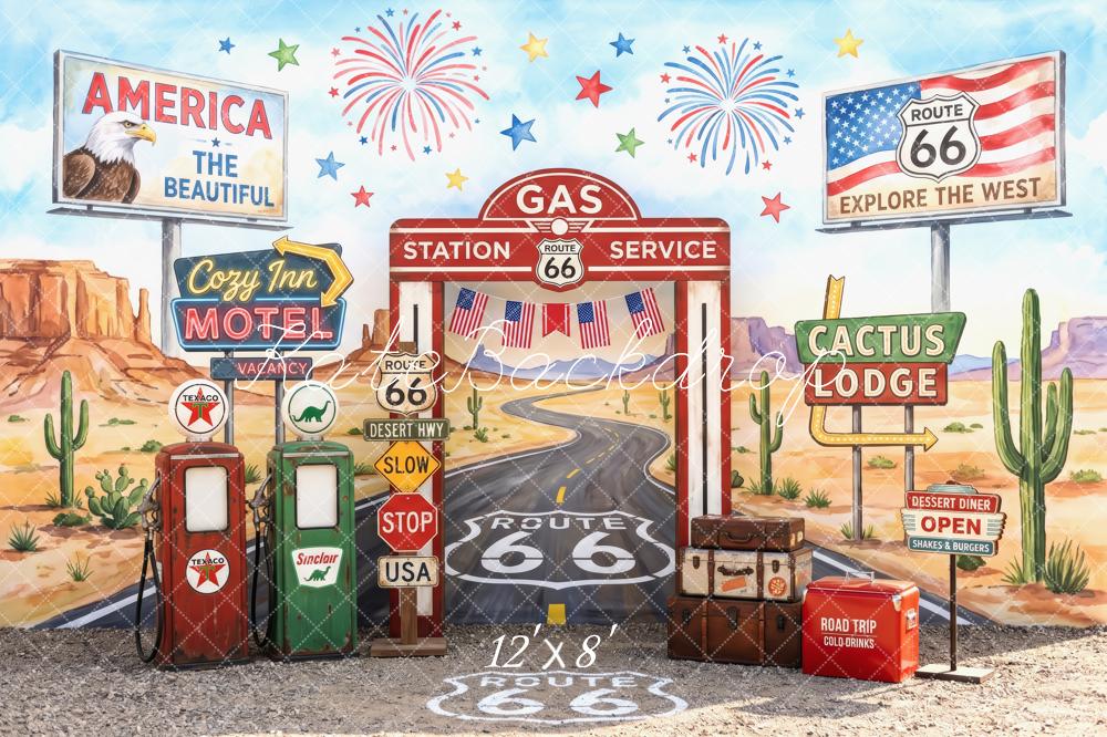 Kate Route 66 Gas Station Desert Motel Fireworks Printed Backdrop Designed by Patty Roberts