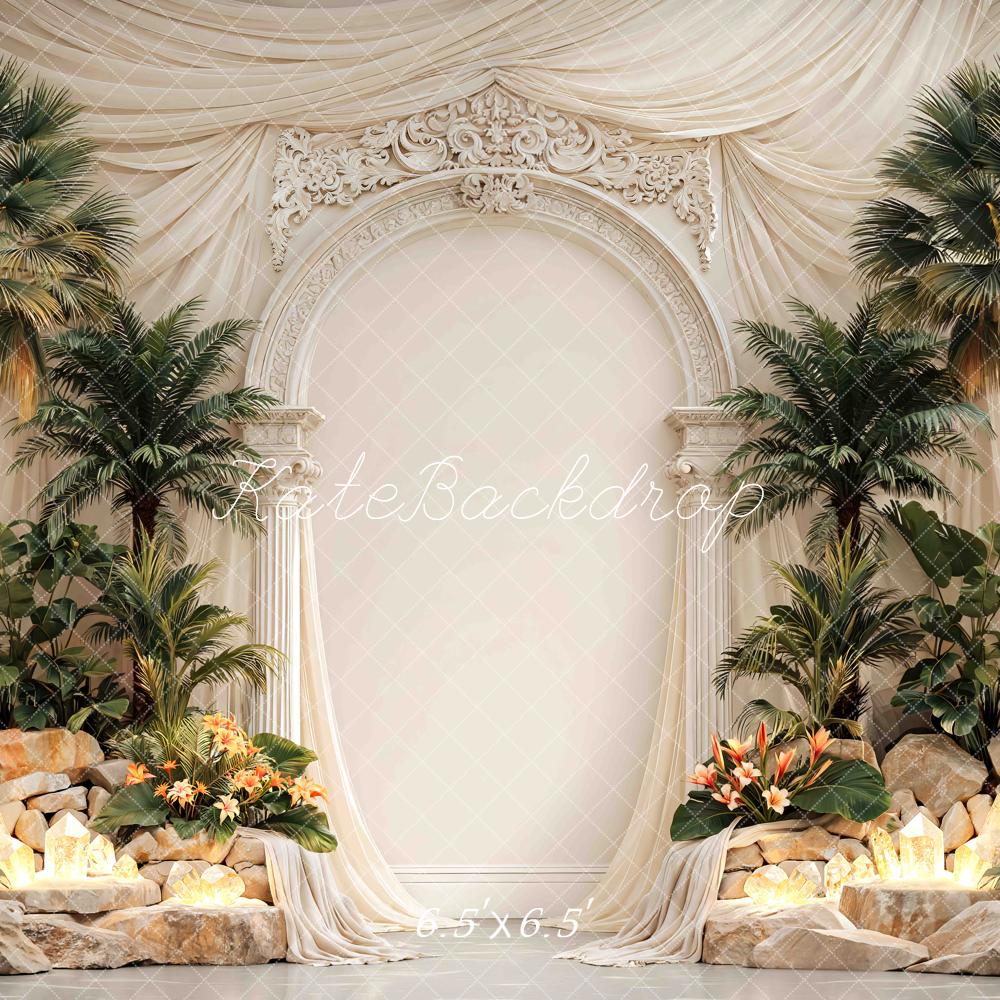 Kate Tropical Palm Trees Floral Rock Arch Printed Backdrop Designed by Mini MakeBelieve