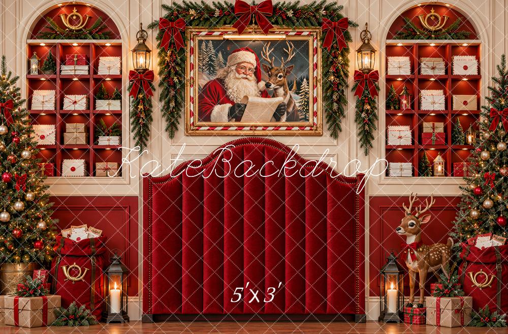 Kate Christmas Red Headboard Santa Reindeer Trees Mailroom Printed Backdrop Designed by Shutter Swan Studios