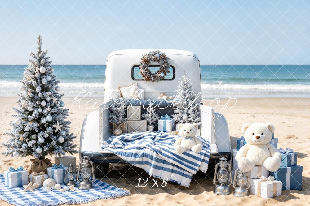 Kate Christmas Beach Truck Teddy Bears Gifts Printed Backdrop Designed by Emetselch