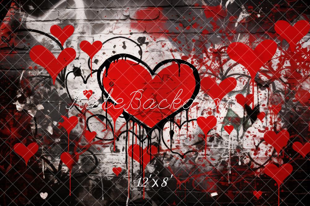 Kate Valentine's Day Graffiti Red Hearts Brick Wall Backdrop Designed by Emetselch