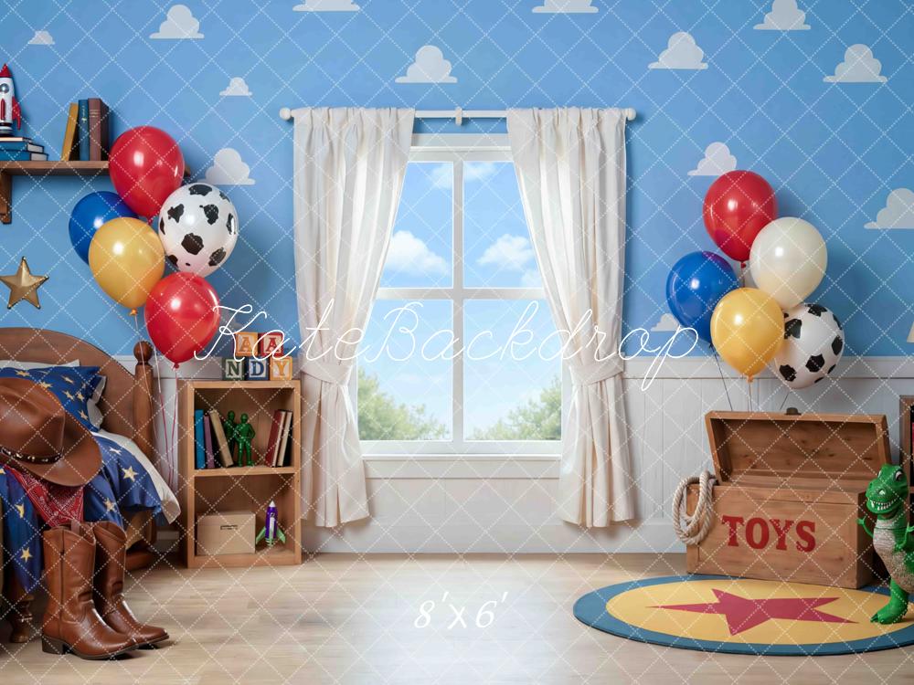TEST Kate Cowboy Toy Bedroom Blue Cloud Wall Printed Backdrop Designed by Mini MakeBelieve