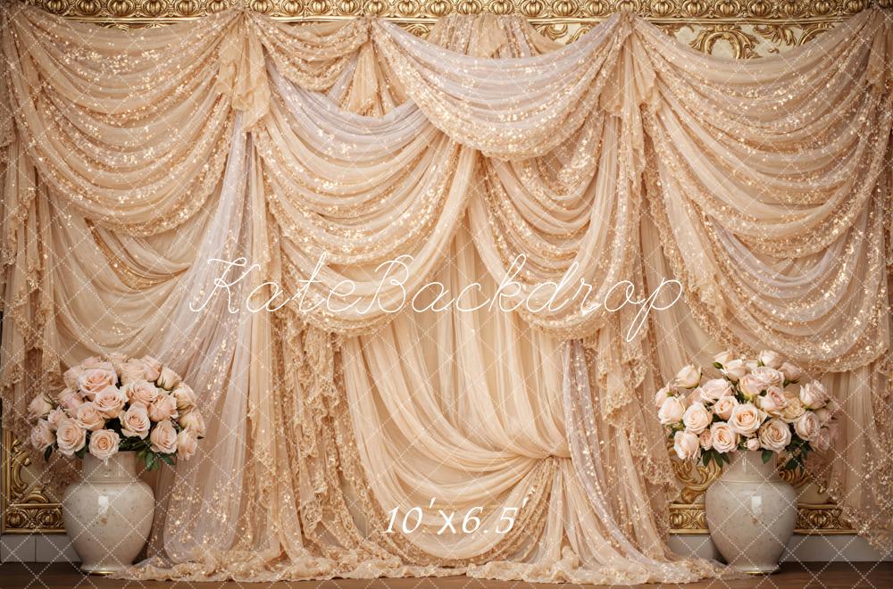 Kate Spring Gold Sequin Drapes with Floral Vases Printed Backdrop Designed by Mini MakeBelieve