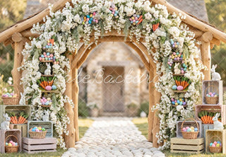 Kate Easter Bunny Flower Arch Pastel Eggs Carrots Printed Backdrop Designed by Mini MakeBelieve