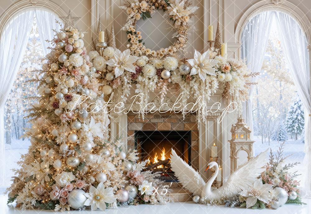 Kate Christmas Tree Fireplace Floral Swan Poinsettia Gold Printed Backdrop Designed by Mini MakeBelieve