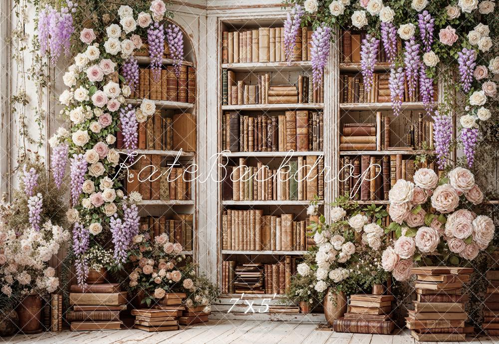 Kate Flower Arch Bookshelf Books Vintage Wall Printed Backdrop Designed by Emetselch