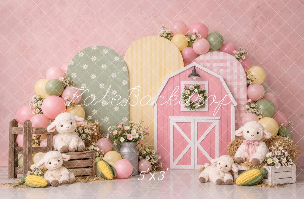 Kate Cake Smash Pink Barn Lambs Balloons Flowers Printed Backdrop Designed by Laura Bybee