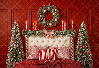 Kate Christmas Headboard Wreath Snowy Trees Red Bow Printed Backdrop Designed by Emetselch
