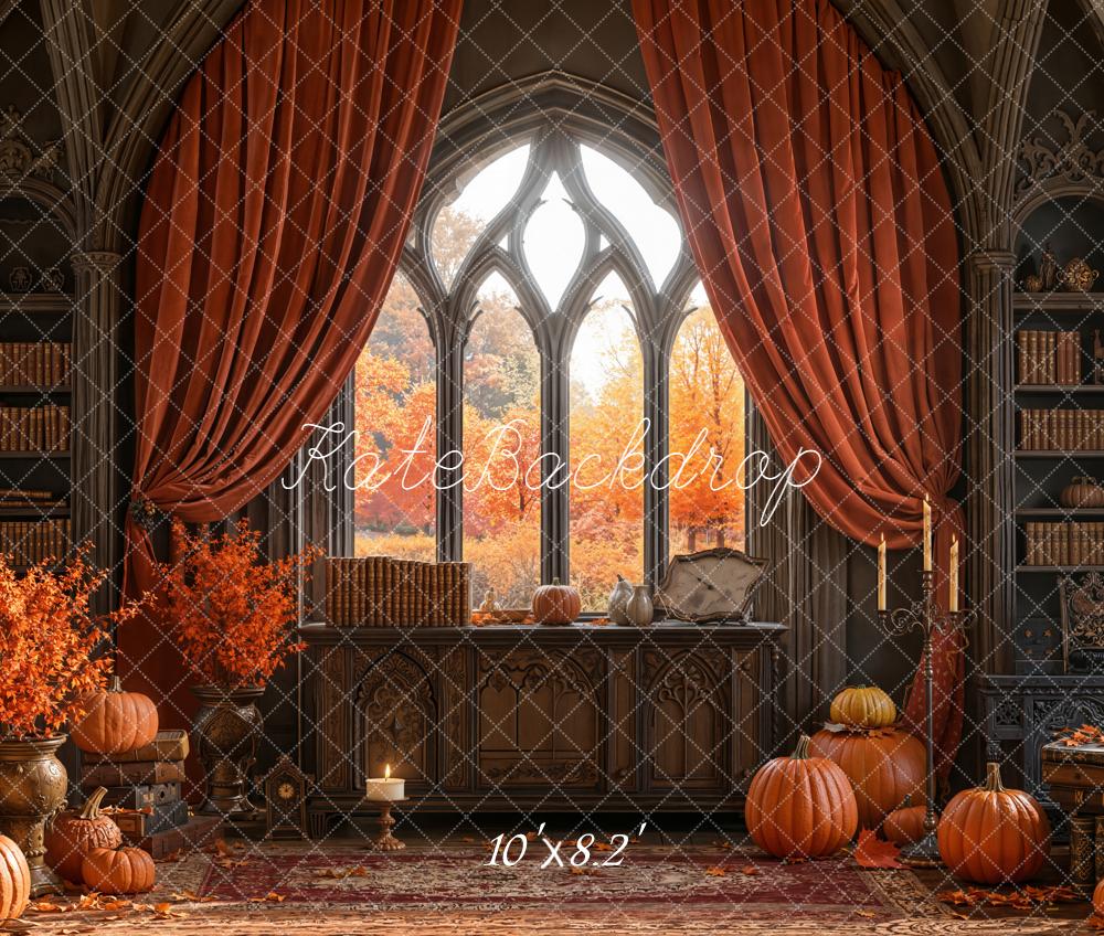 Kate Fall Gothic Arched Window Library Pumpkins Curtains Backdrop Designed by Emetselch