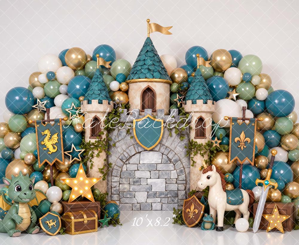 Kate Fairy Fantasy Castle Balloon Arch Dragon Unicorn Printed Backdrop Designed by Mini MakeBelieve