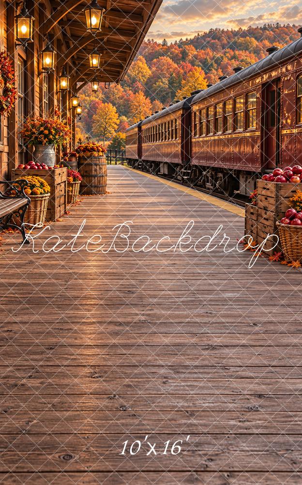 Kate Sweep Fall Train Station Platform Foliage Vintage Printed Backdrop Designed by Vertigo Productions