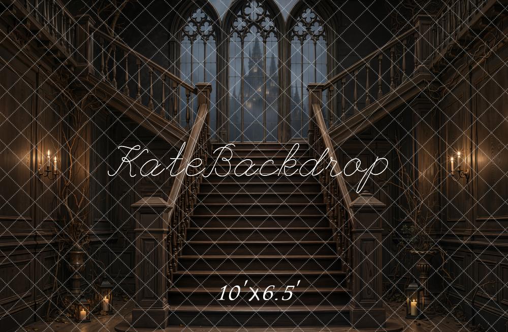 Kate Halloween Cascading Stairs Gothic Windows Candlelight Printed Backdrop Designed by Emetselch