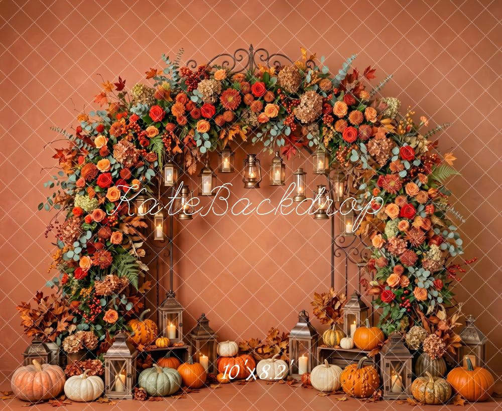 Kate Fall Brown Flower Arch Pumpkins Lanterns Printed Backdrop Designed by Patty Roberts