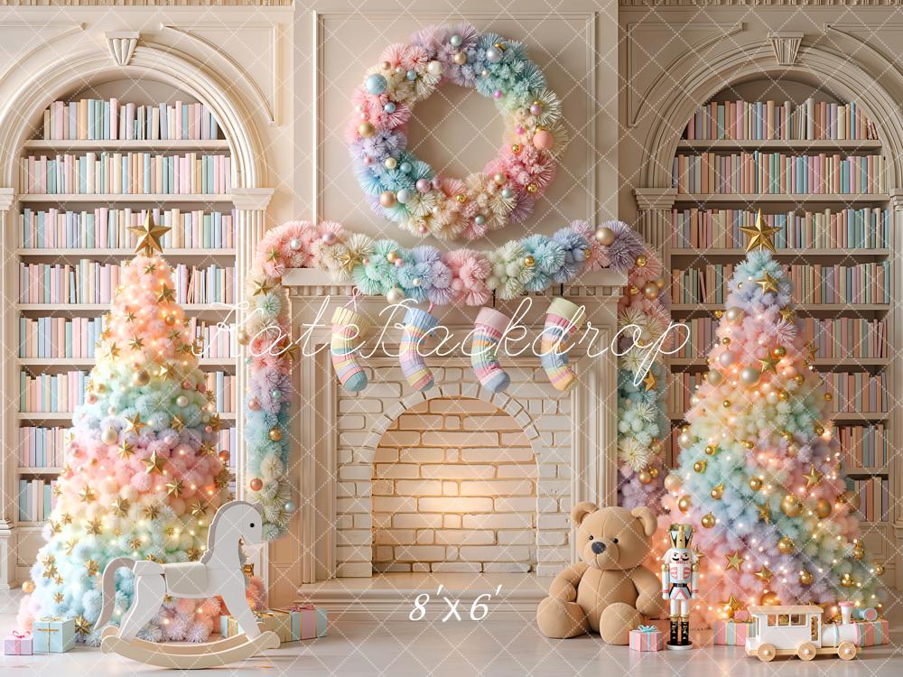 Kate Christmas Trees Pastel Colorful Fireplace Wreath Library Printed Backdrop Designed by Emetselch
