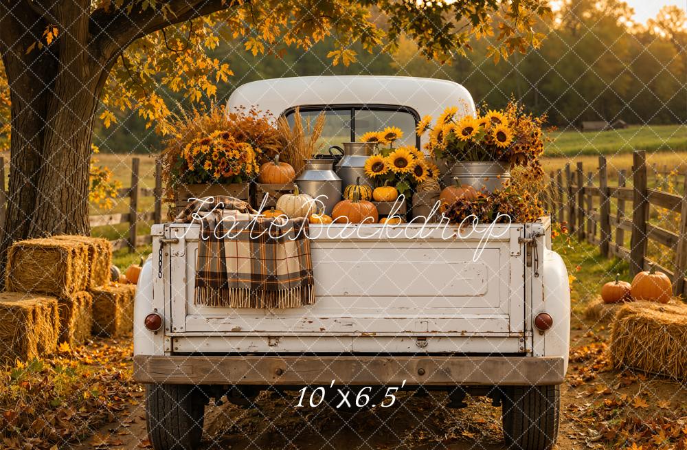 Kate Fall White Truck Rustic Sunflowers Pumpkins Hay Bales Printed Backdrop Designed by Emetselch