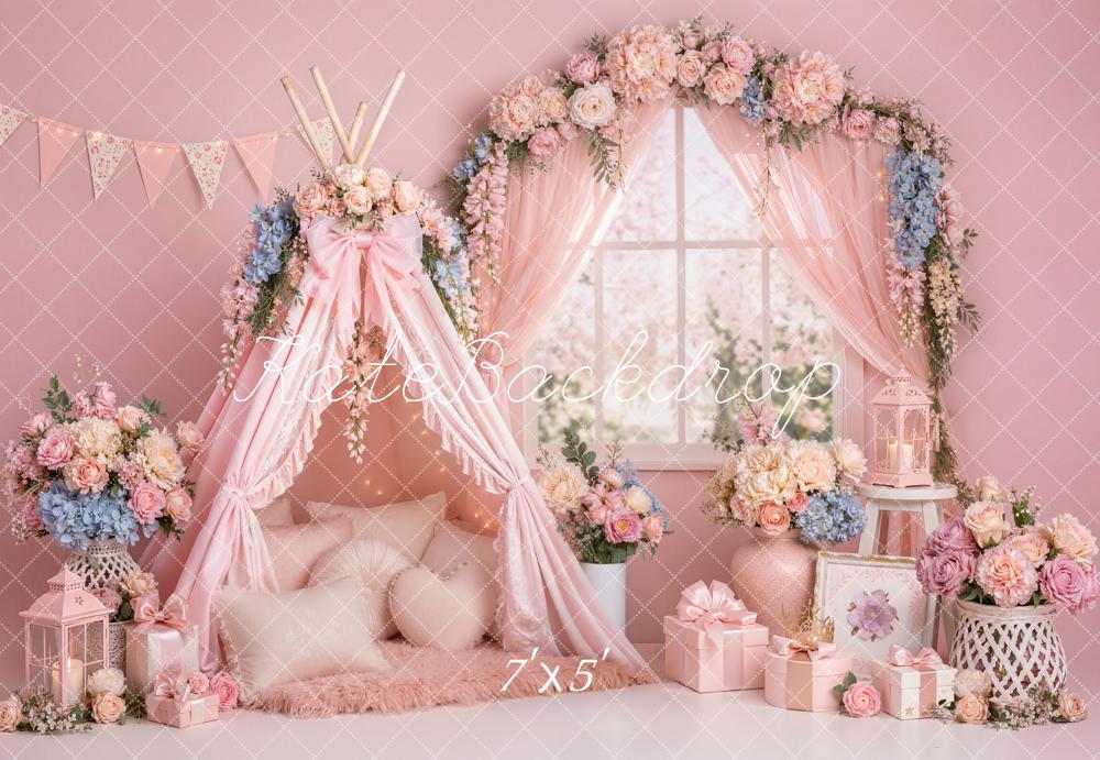 Kate Sring Pink Floral Teepee Flower Arch Window Printed Backdrop Designed by Emetselch