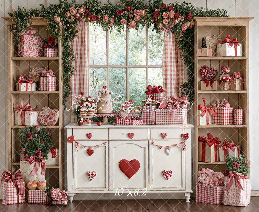 Kate Valentines Cabinet Gifts Roses Garland Window Red Heart Backdrop Designed by Emetselch