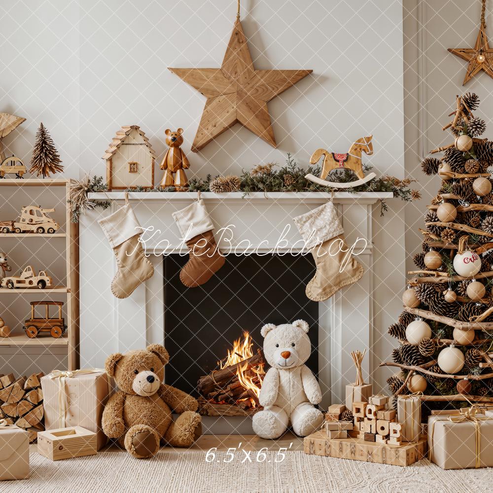 Kate Christmas Fireplace Tree Teddy Bears Gifts Stars Neutral Backdrop Designed by Emetselch