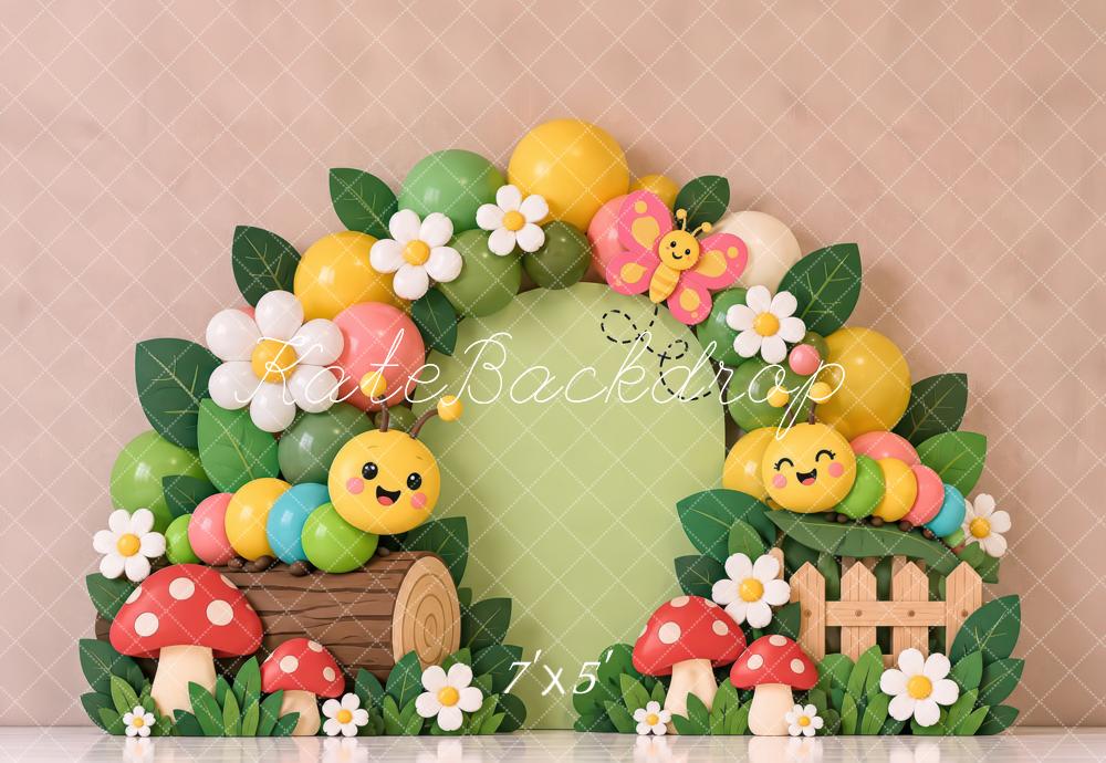 Kate Spring Cake Smash Garden Caterpillars Flowers Mushrooms Printed Backdrop Designed by Laura Bybee