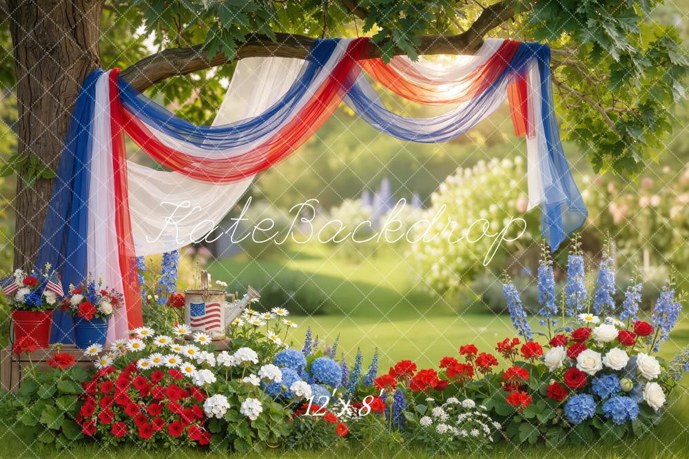 Kate 4th Of July Patriotic Red White Blue Drapes Garden Flowers Printed Backdrop Designed by Emetselch