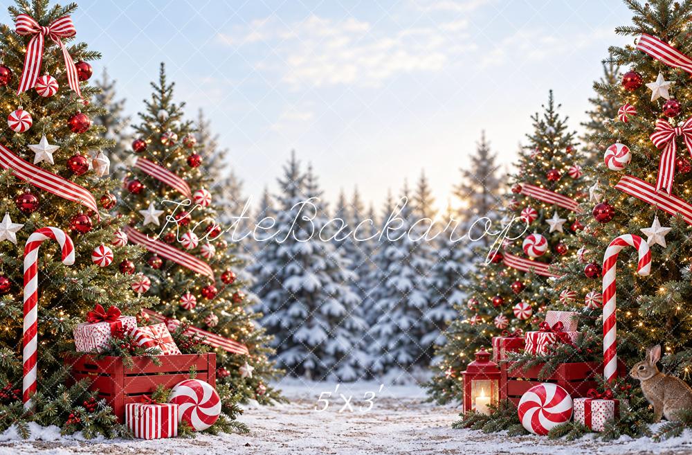 Kate Christmas Candy Cane Trees And Gifts Printed Backdrop Designed by Vertigo Productions