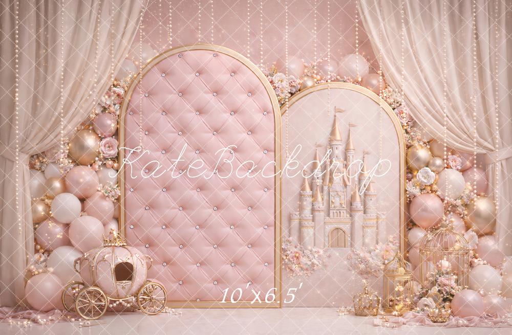 Kate Birthday Fairy Pink Princess Castle Carriage Balloon Printed Backdrop Designed by Ashley Paul