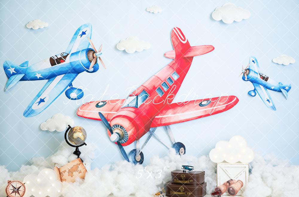 Kate Cake Smash Airplane Clouds Globe Suitcase Map Backdrop Designed by Megan Leigh Photography