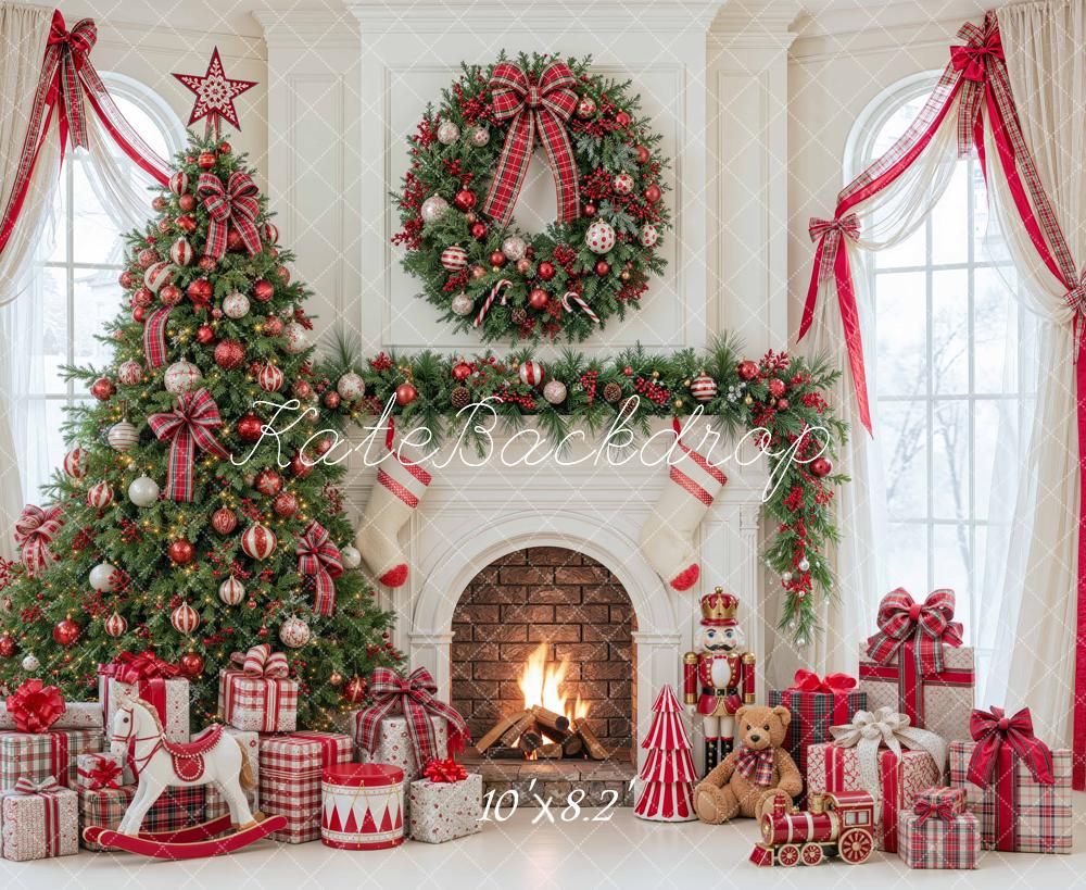 Kate Christmas Fireplace Tree Red Plaid Arched Window Wreath Printed Backdrop Designed by Mini MakeBelieve