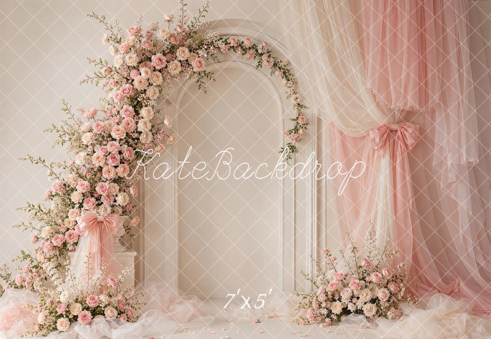 Kate Romantic Wedding Flower Arch Pink Sheer Drapery Printed Backdrop Designed by Emetselch