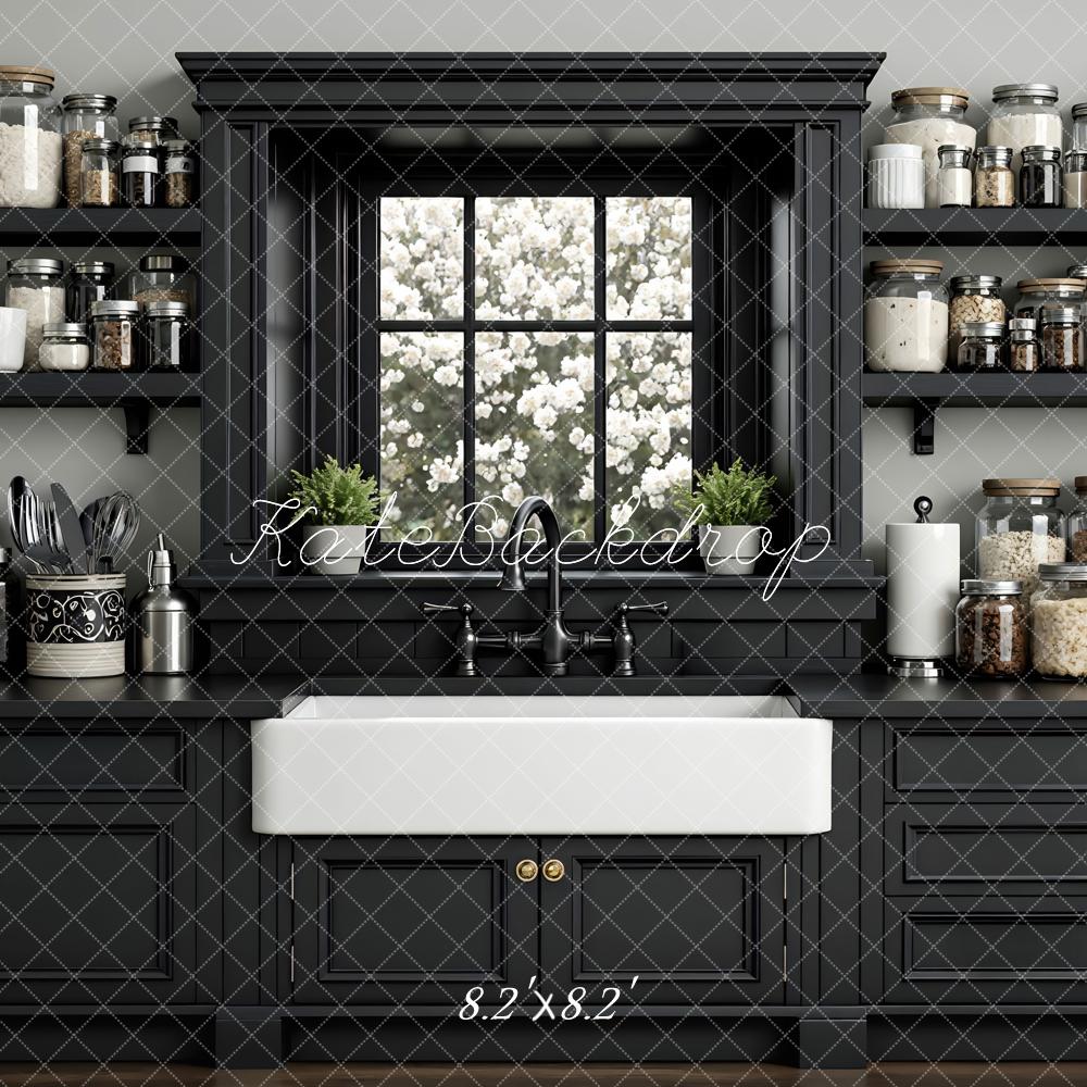 Kate Black Kitchen Shelves Window Jars Backdrop Designed by Mini MakeBelieve
