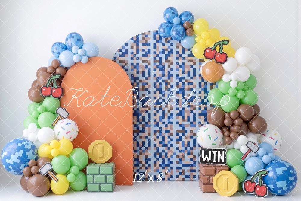 Kate Cake Smash Pixel Video Game Balloons Bricks Coins Blue Mosaic Printed Backdrop Designed by Mini MakeBelieve