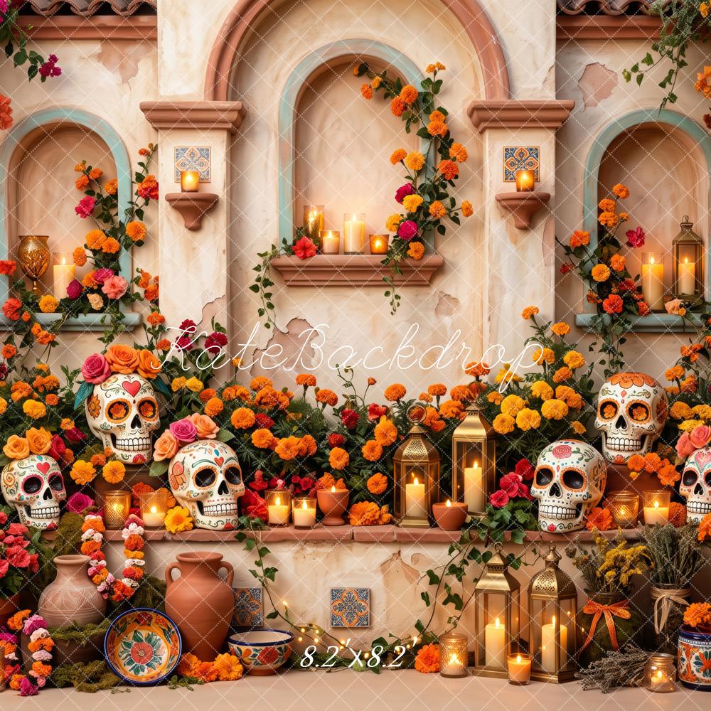 Kate Day Of The Dead Mexican Flowers Skull Altar Printed Backdrop Designed by Patty Roberts