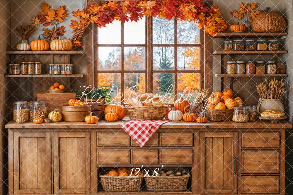 Kate Fall Kitchen Pumpkins Wooden Cabinet Shelves Maple Backdrop Designed by Emetselch