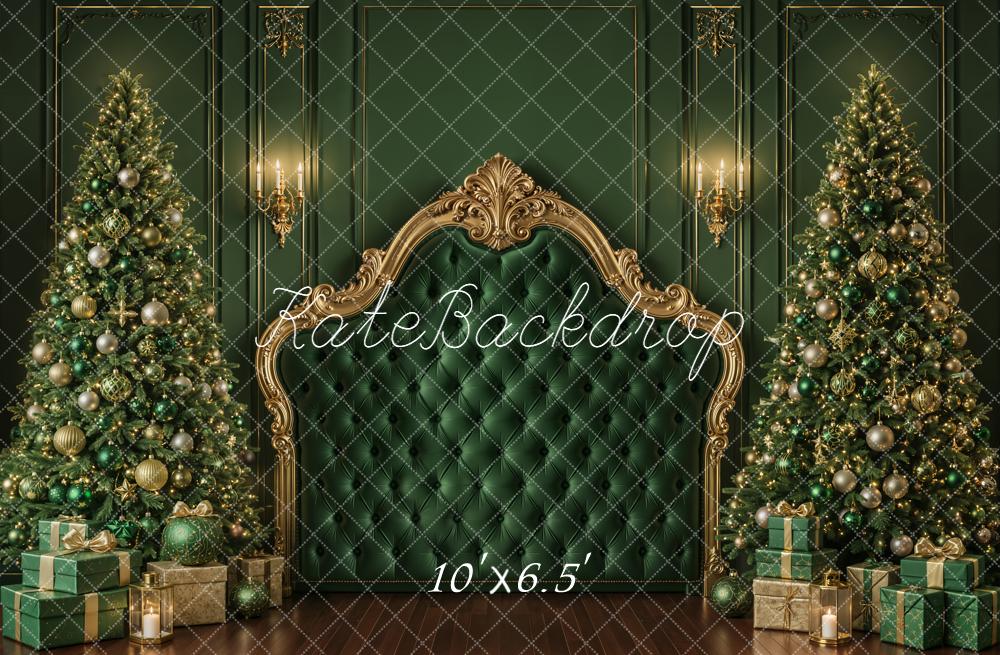 Kate Christmas Green Royal Upholstered Headboard Christmas Tree Printed Backdrop Designed by Emetselch