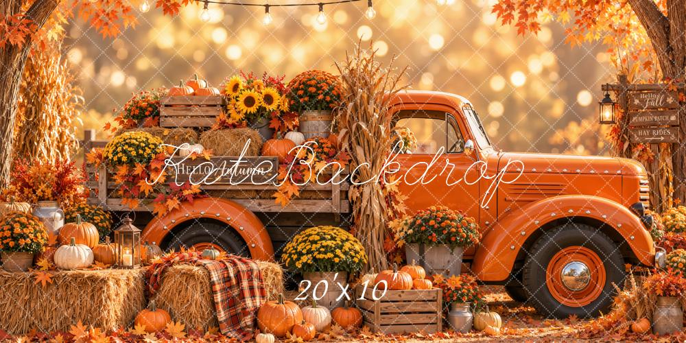 Kate Fall Orange Vintage Truck Pumpkin Harvest Forest Printed Backdrop Designed by Emetselch