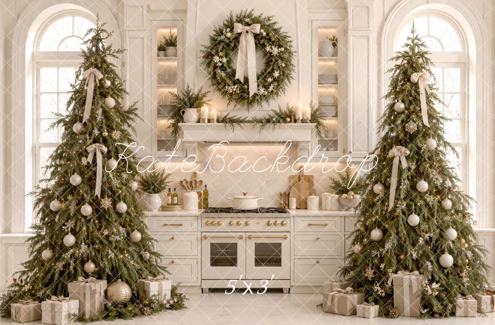 Kate Christmas White Kitchen Trees Wreath Bow Arched Window Printed Backdrop Designed by Emetselch