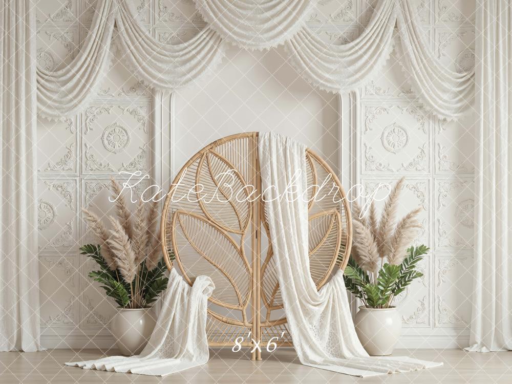 Kate Mother's Day Boho White Drapes Rattan Chair Pampas Grass Backdrop Designed by Mini MakeBelieve