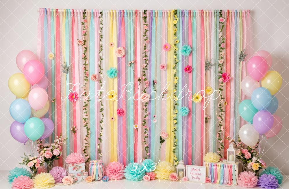 Kate Cake Smash Pastel Ribbons Floral Balloon Party Printed Backdrop Designed by Patty Roberts