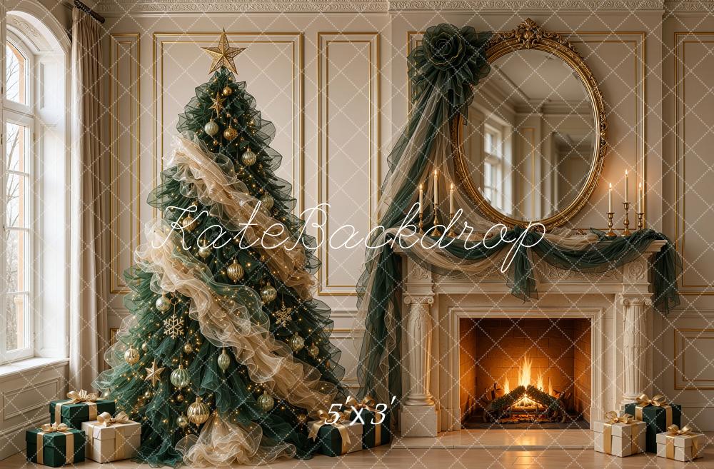Kate Christmas Tree Tulle Fireplace Ornate Mirror Antique Printed Backdrop Designed by Shutter Swan Studios