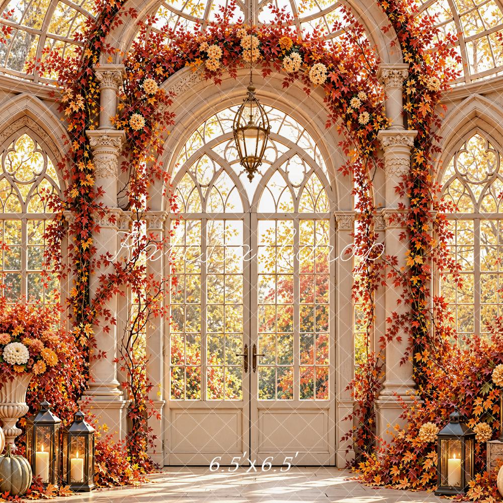 Kate Fall Gothic Greenhouse Pumpkins Flower Arch Orange Leaves Printed Backdrop Designed by Emetselch