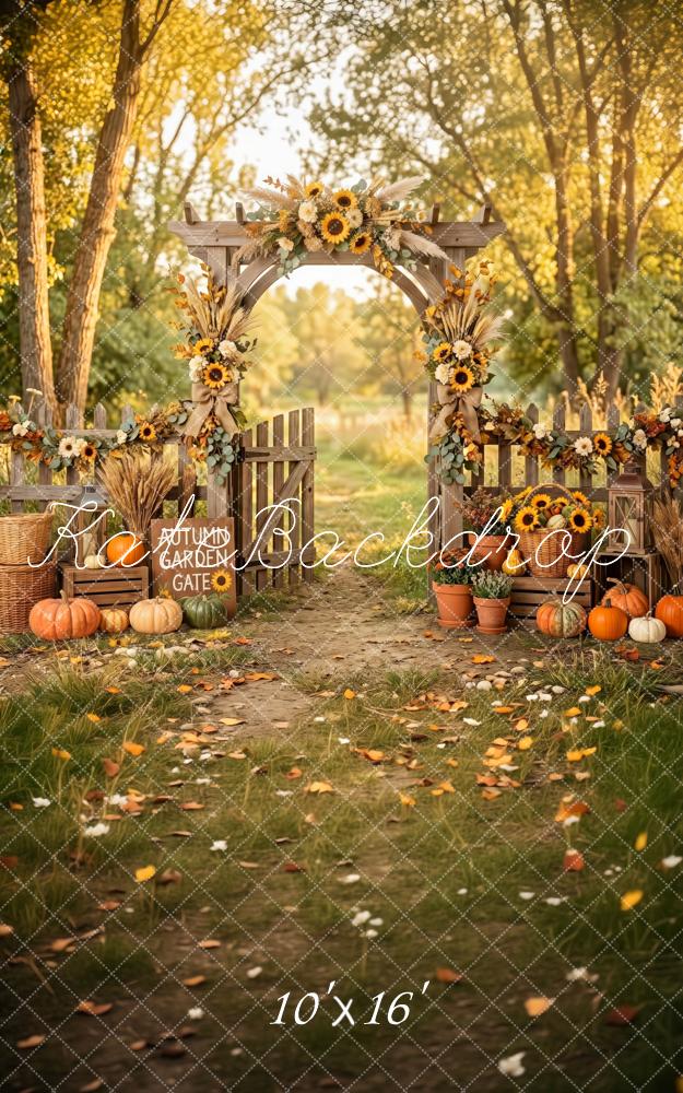 Kate Sweep Fall Sunflower Pumpkin Garden Arch Wood Fence Printed Backdrop Designed by Patty Roberts