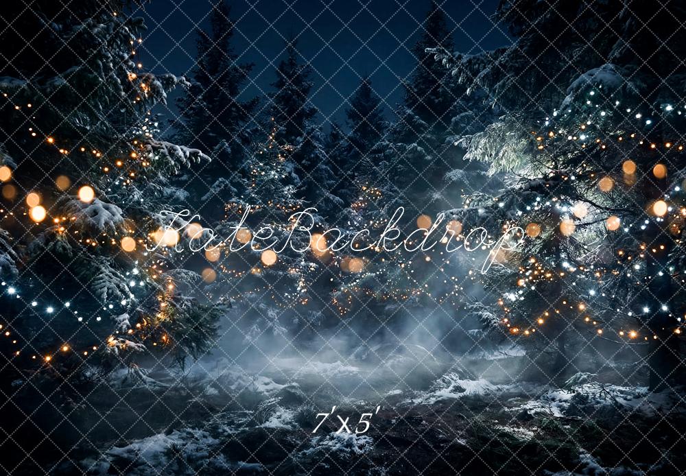 Kate Christmas Snowy Forest String Lights Night Printed Backdrop Designed by Happy Squirrel Design