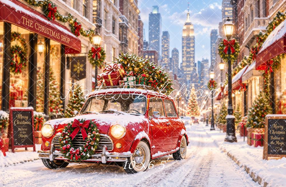 Kate Christmas Snowy City Street Red Car Shop Printed Backdrop Designed by Emetselch