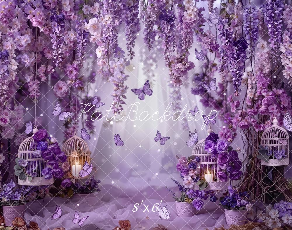 Kate Spring Purple Flower Arch Butterflies Birdcages Printed Backdrop Designed by Emetselch