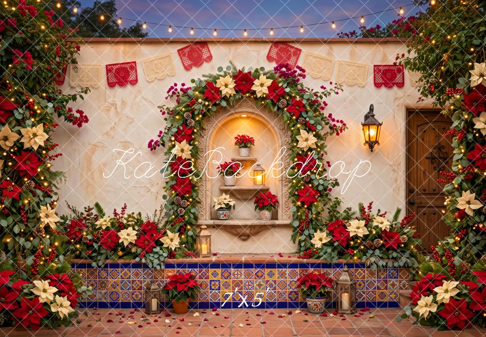 Kate Mexican Christmas Poinsettia Courtyard Floral Arch Printed Backdrop Designed by Patty Roberts