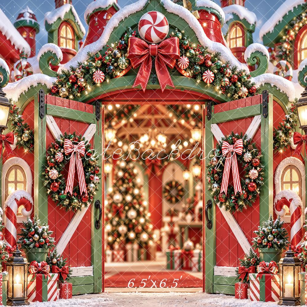 Kate Christmas Fantasy Candy Cane Barn Door Wreath Printed Backdrop Designed by Emetselch